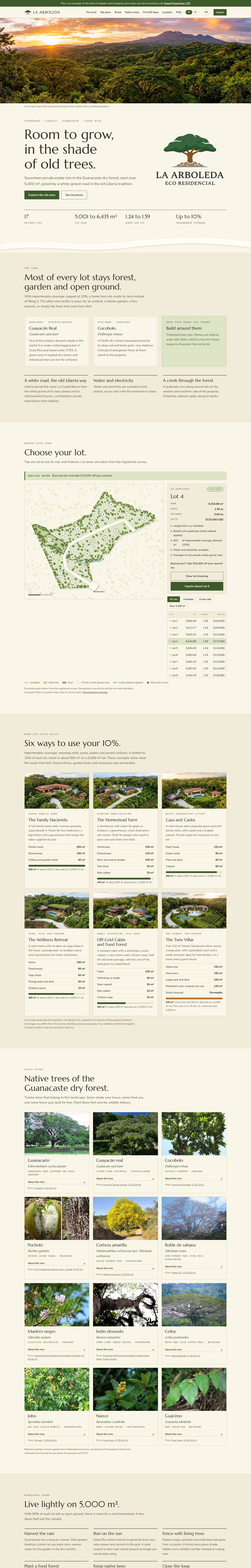 The La Arboleda Eco Residencial project website, ecolivingcr.com, on a desktop screen
