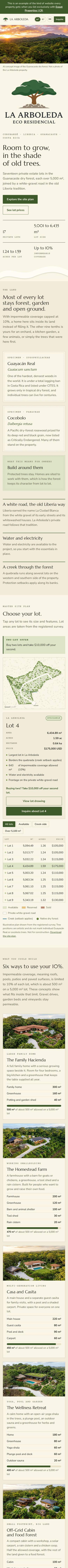 The La Arboleda Eco Residencial project website, ecolivingcr.com, on a phone