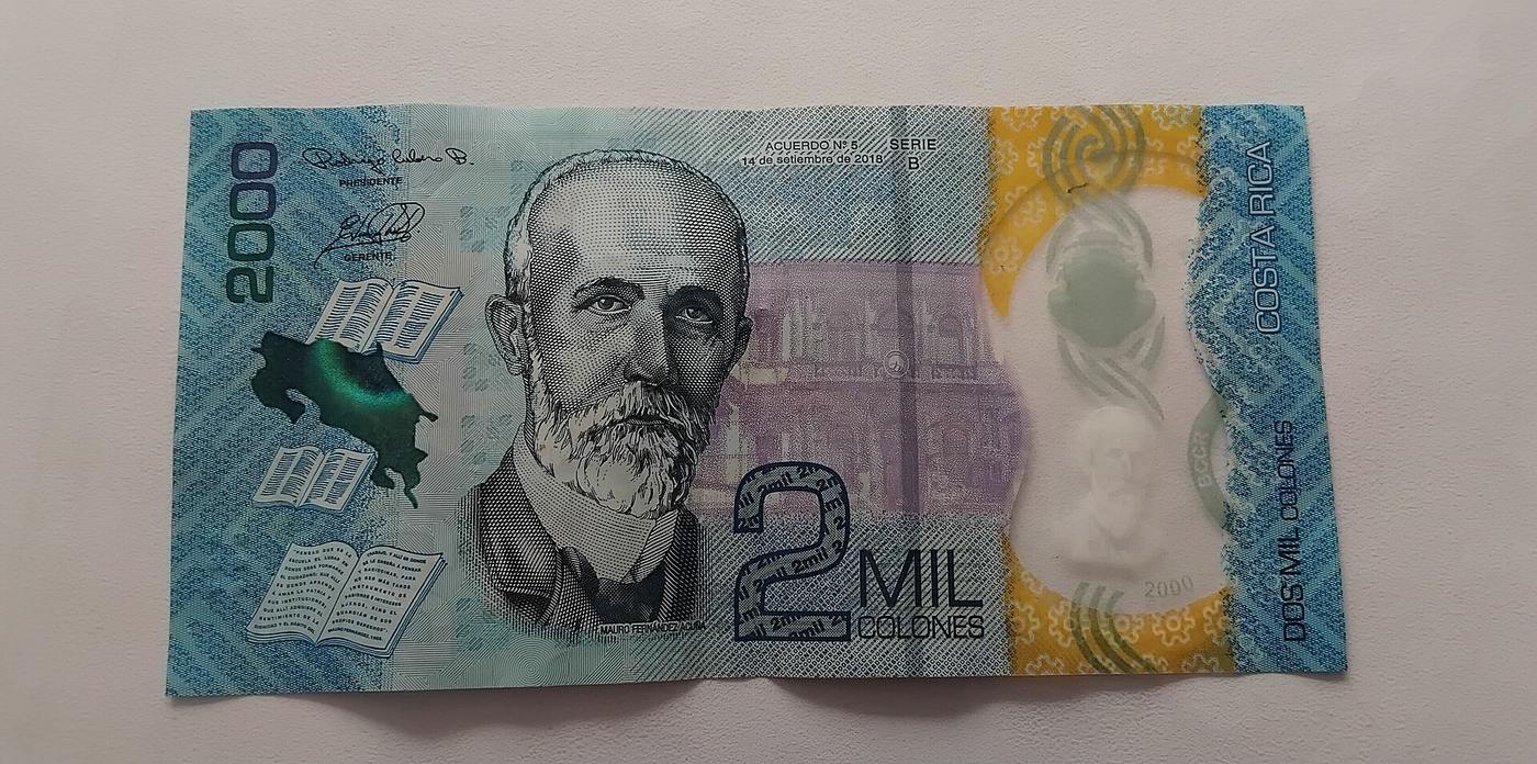 Modern polymer 2,000 colones banknote issued by the Central Bank of Costa Rica