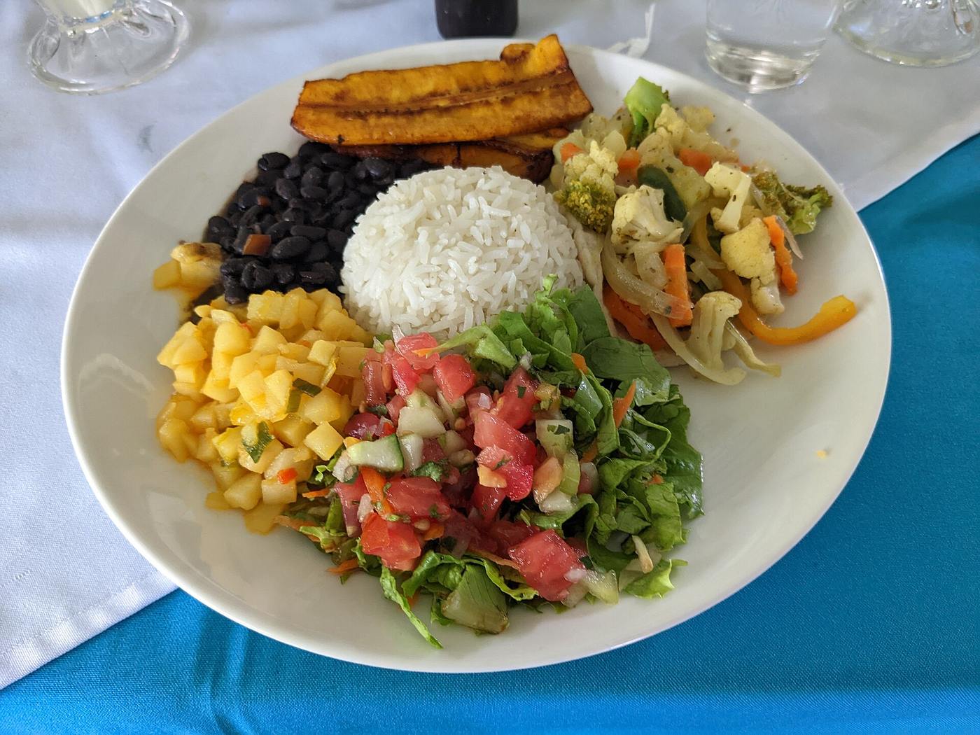 Casado plate with rice, beans, plantains and salad served at a Costa Rica restaurant