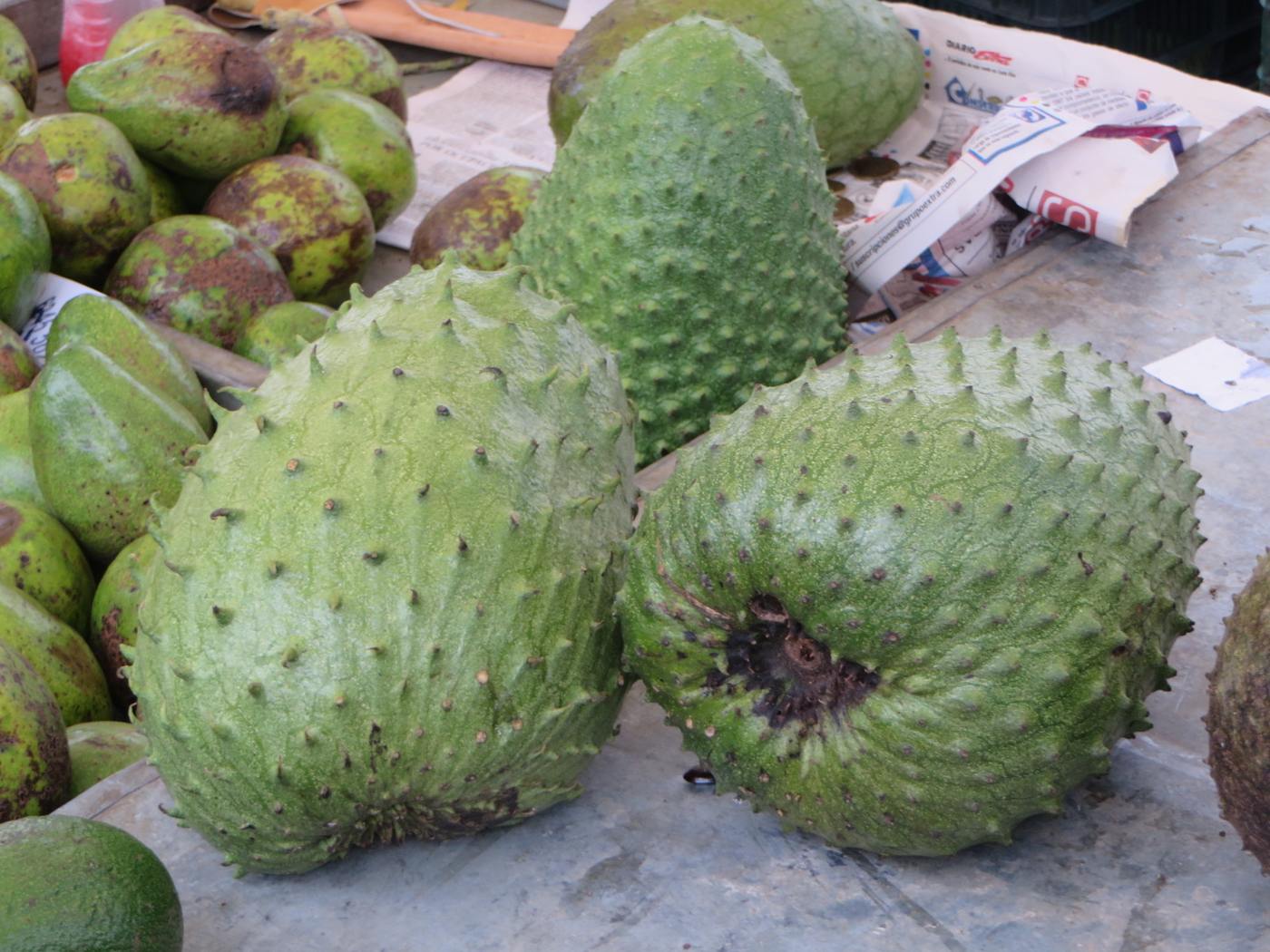 Guanabana fruit stacked for sale at a farmers market stall in Costa Rica