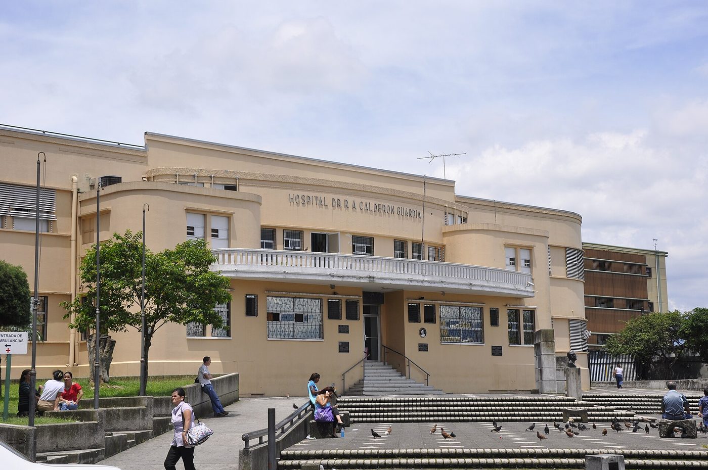 Historic facade of Hospital Calderon Guardia, a public Caja hospital in San Jose
