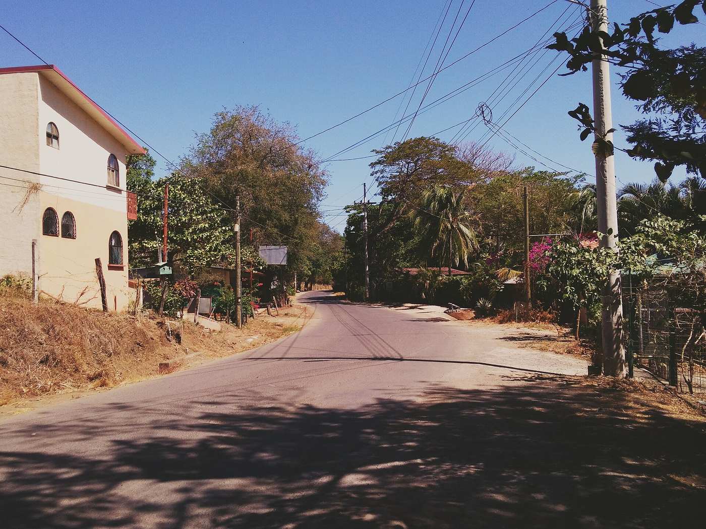 Quiet residential street with homes and gardens on the road between Ocotal and Playas del Coco