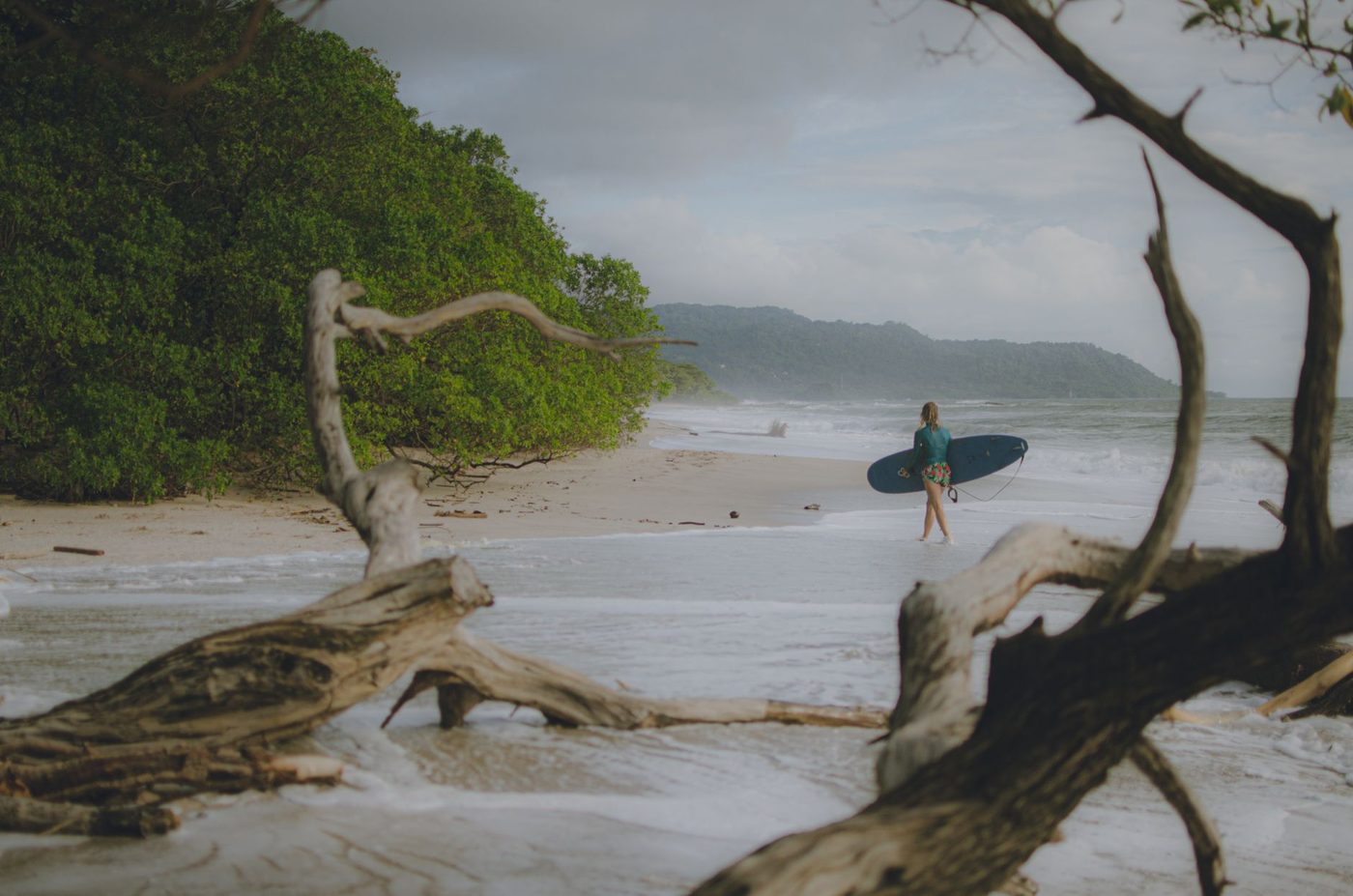 Surfer carrying a board along a jungle-lined Tamarindo beach in Costa Rica