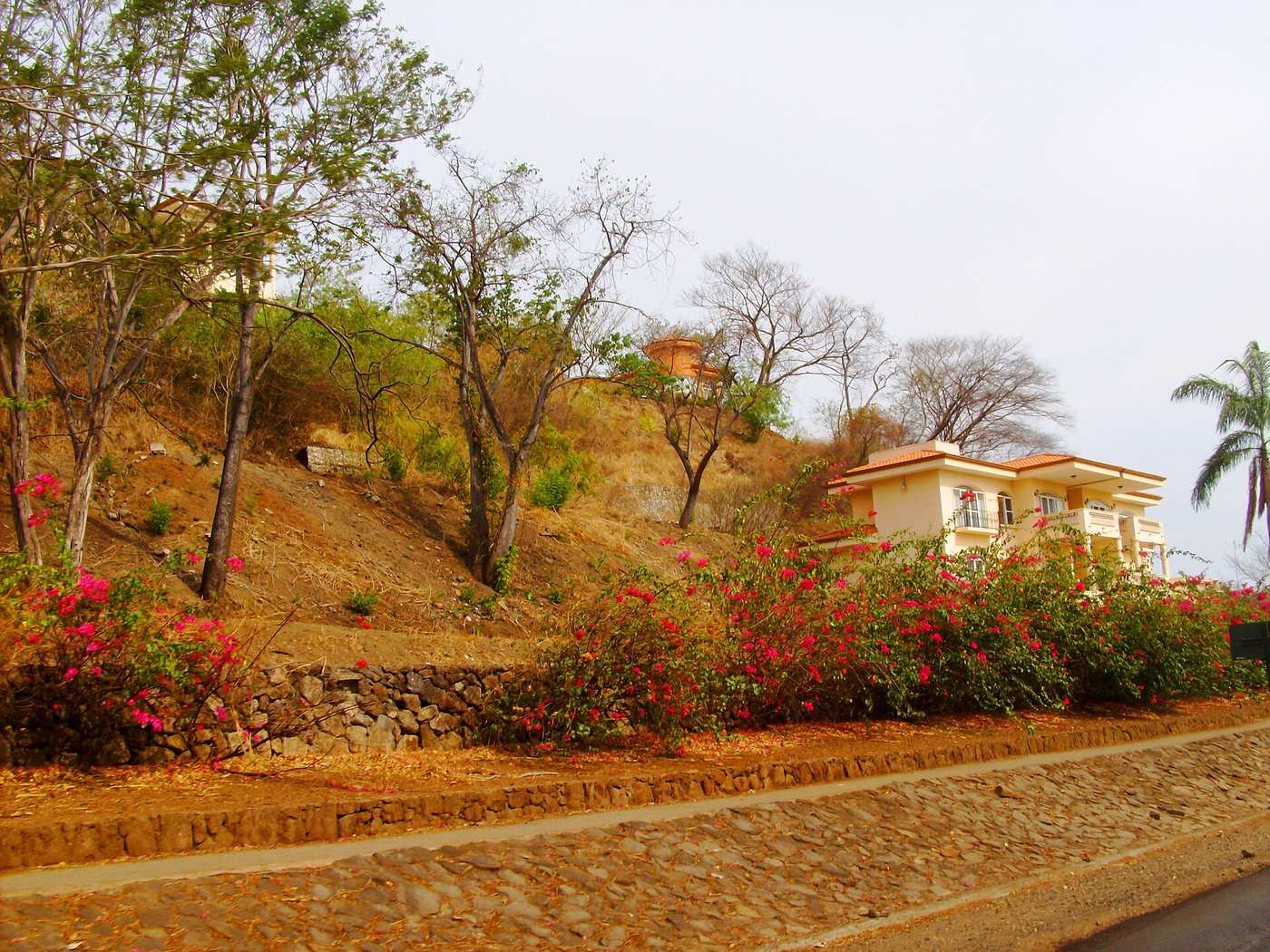 Cream two-story villa with terracotta roof above a bougainvillea-lined street in El Coco