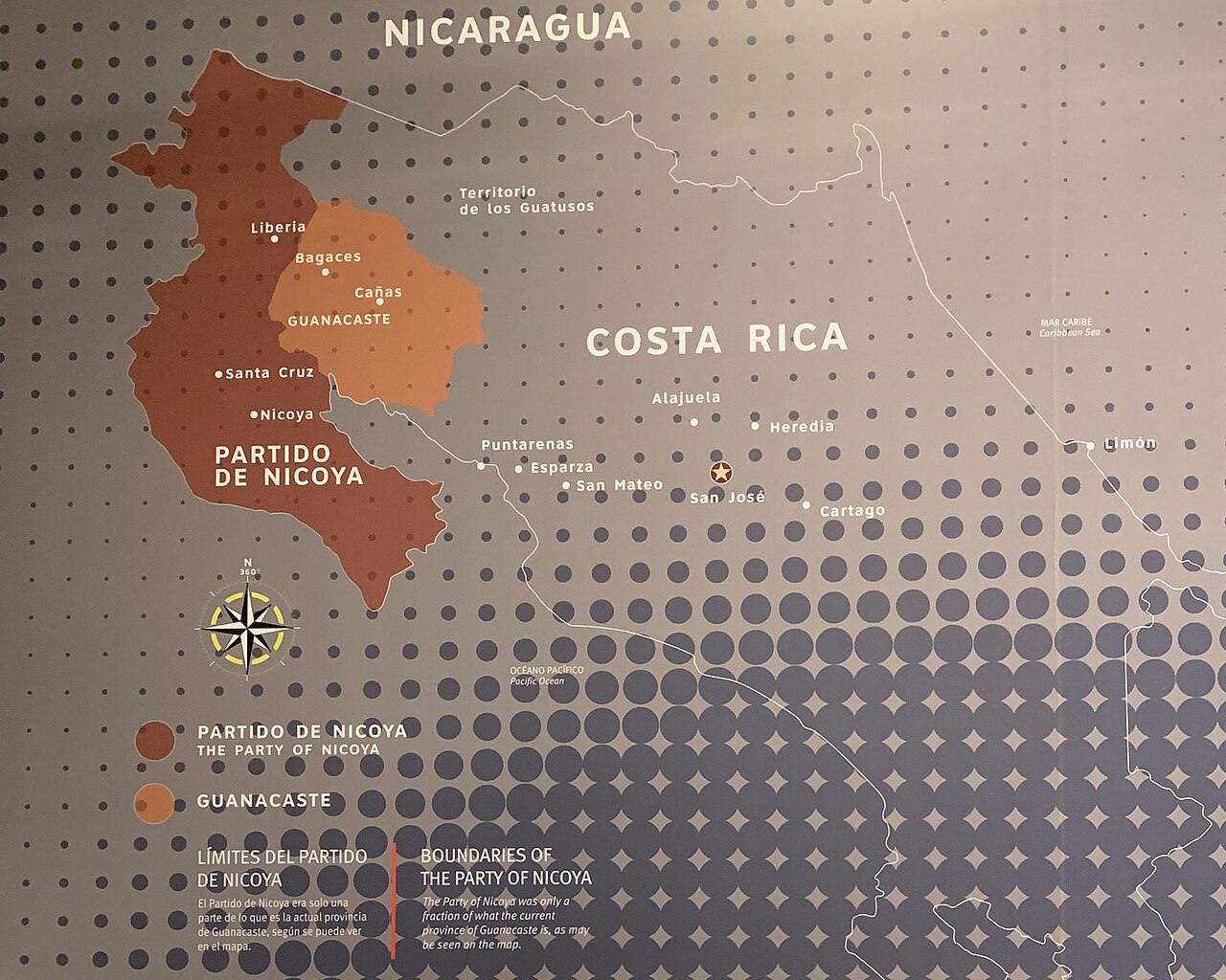 Museum map showing the Partido de Nicoya boundaries before its annexation to Costa Rica