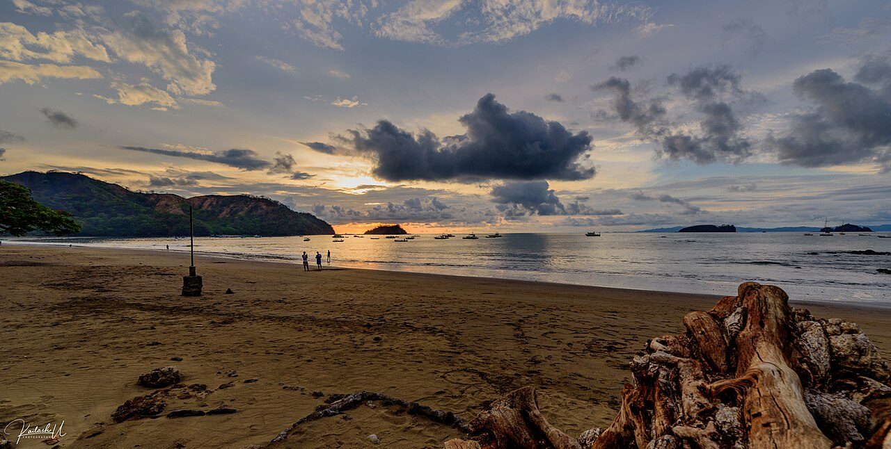 Small fishing boats moored in Coco Bay at dusk, Playas del Coco, Costa Rica