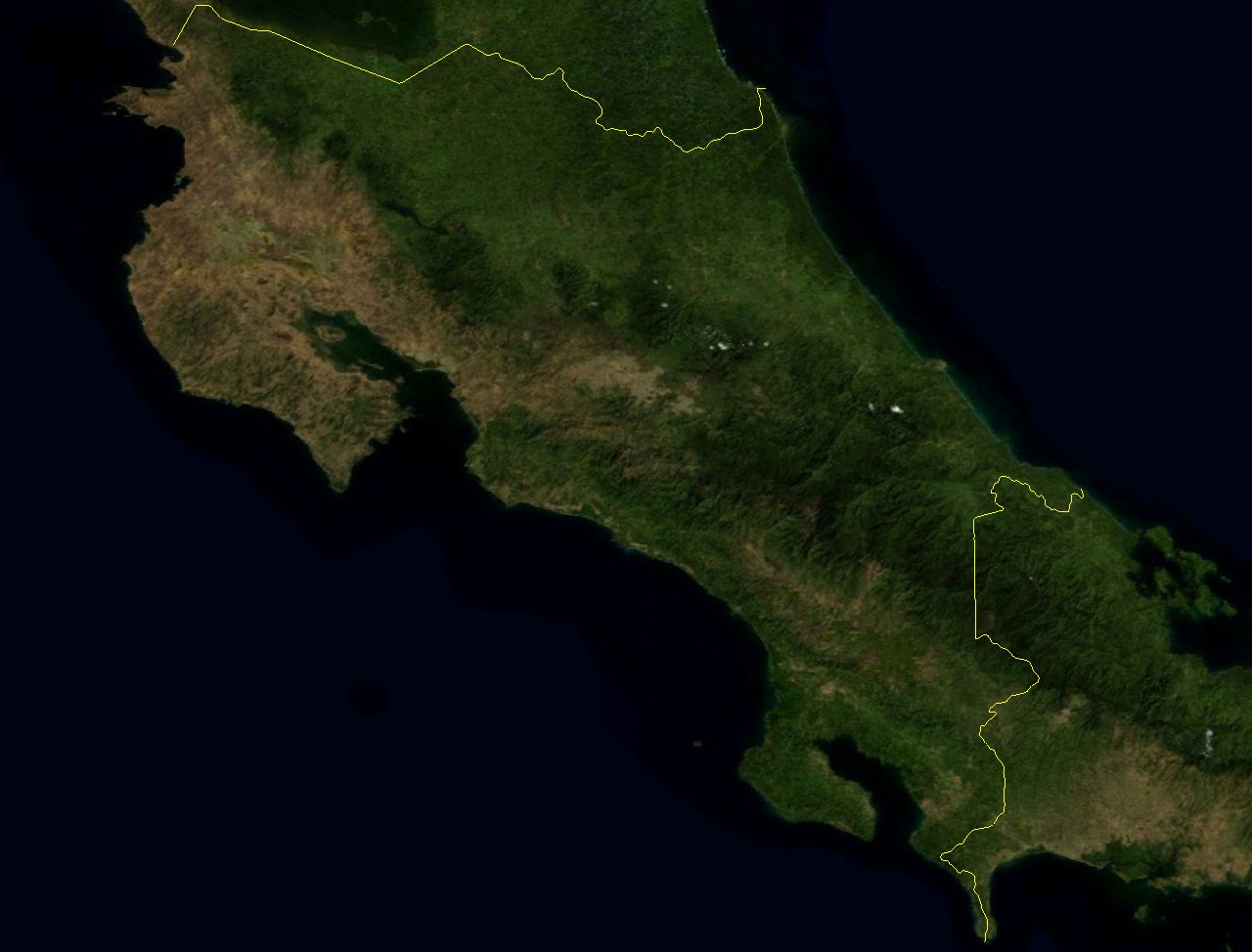 NASA satellite view of Costa Rica between Nicaragua and Panama, flanked by two oceans
