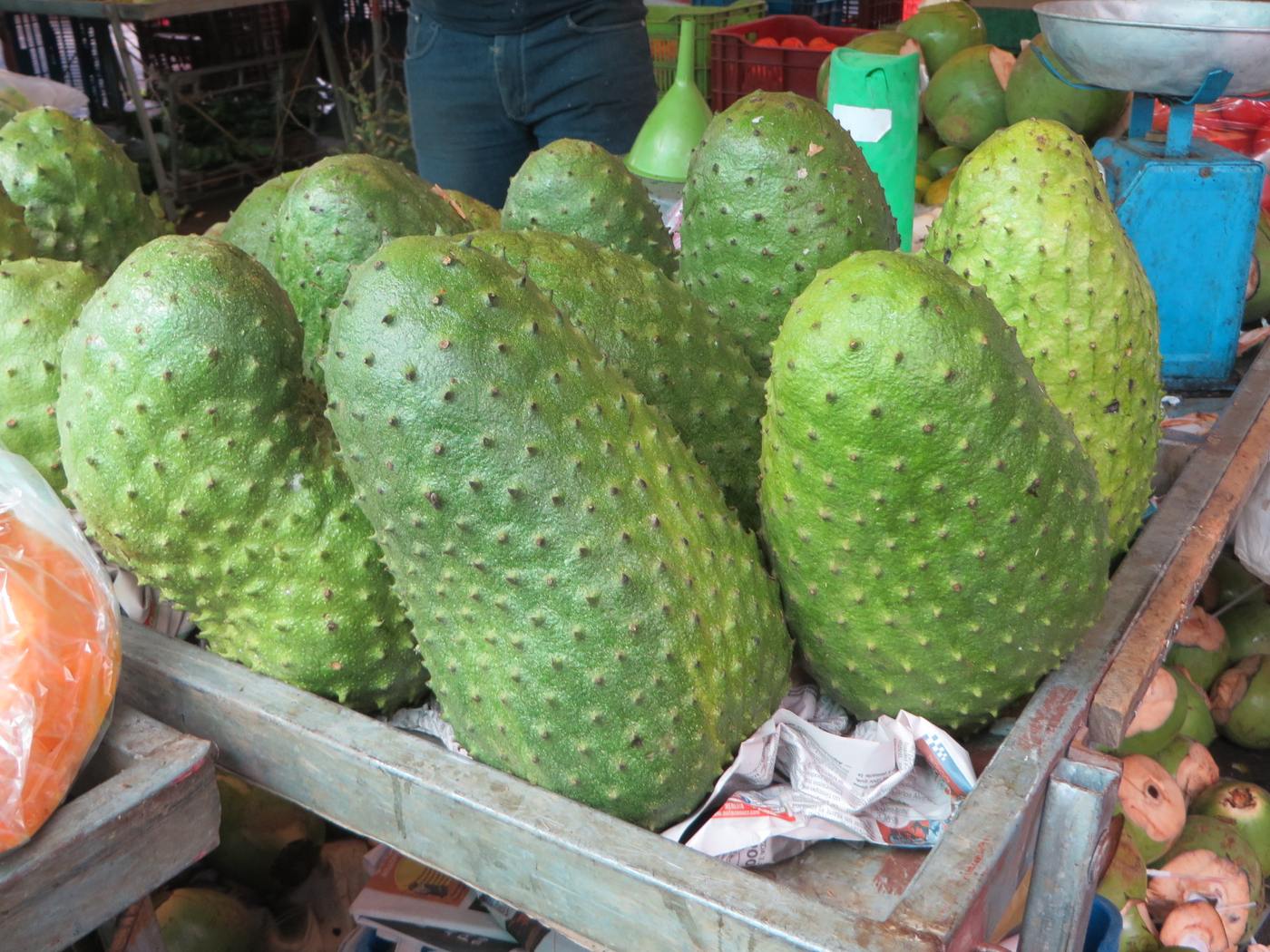 Guanabana fruit piled high on a cart at a Costa Rican farmers market