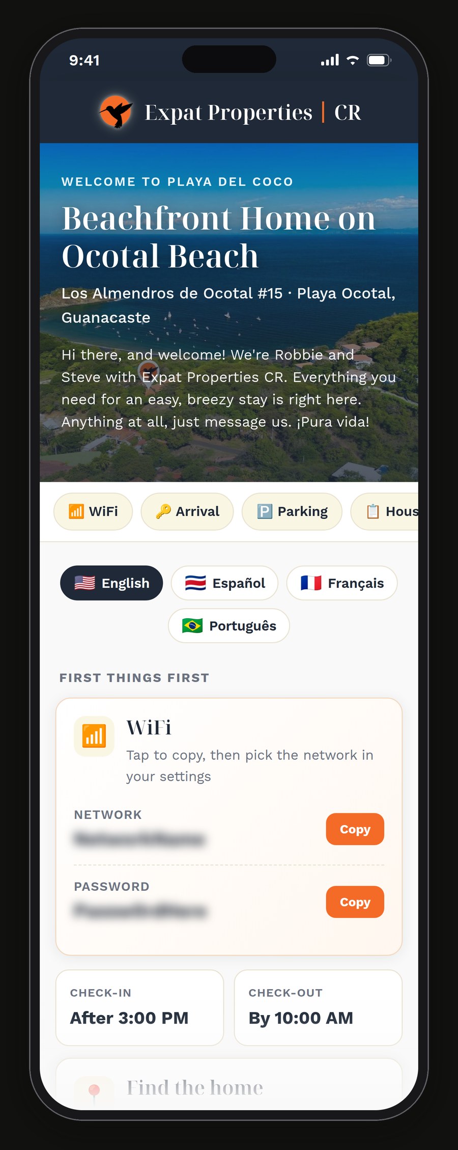 The guest guide for Los Almendros de Ocotal 15 on a phone: the welcome screen, the section shortcuts, the four language options, the WiFi card with the network and password blurred, and the check-in and check-out times.